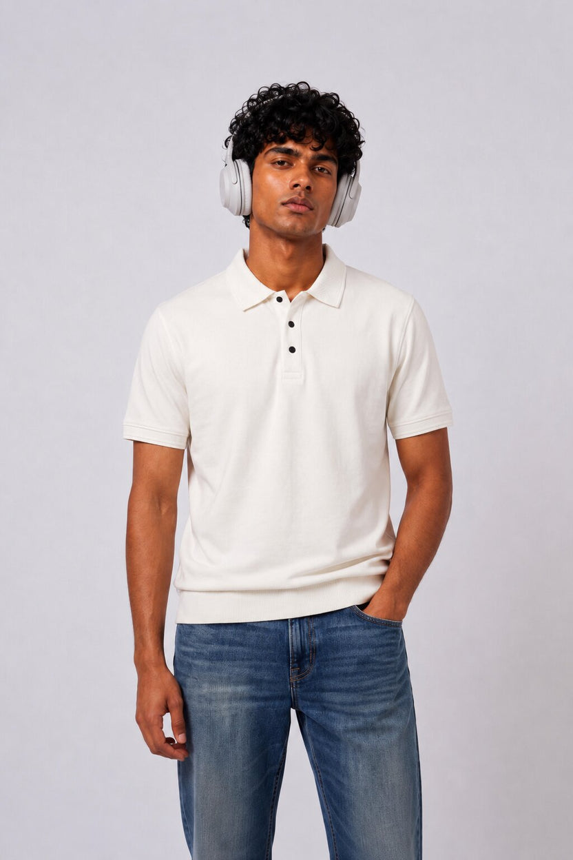 Mens Regular Fit Off White Solid Polo T-Shirt - Image 1