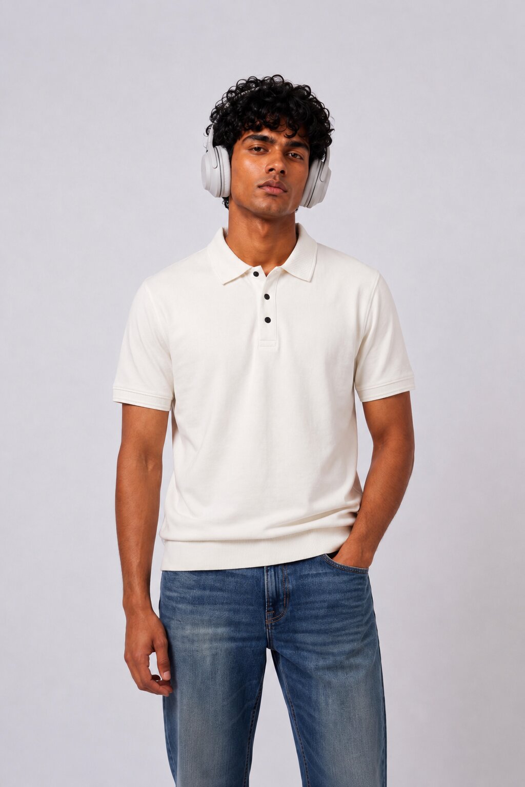 Mens Regular Fit Off White Solid Polo T-Shirt - Image 1