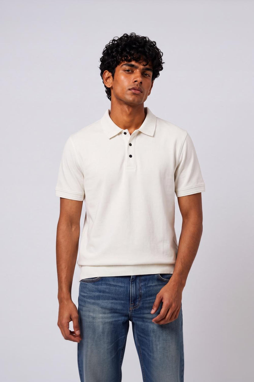 Mens Regular Fit Off White Solid Polo T-Shirt - Image 2