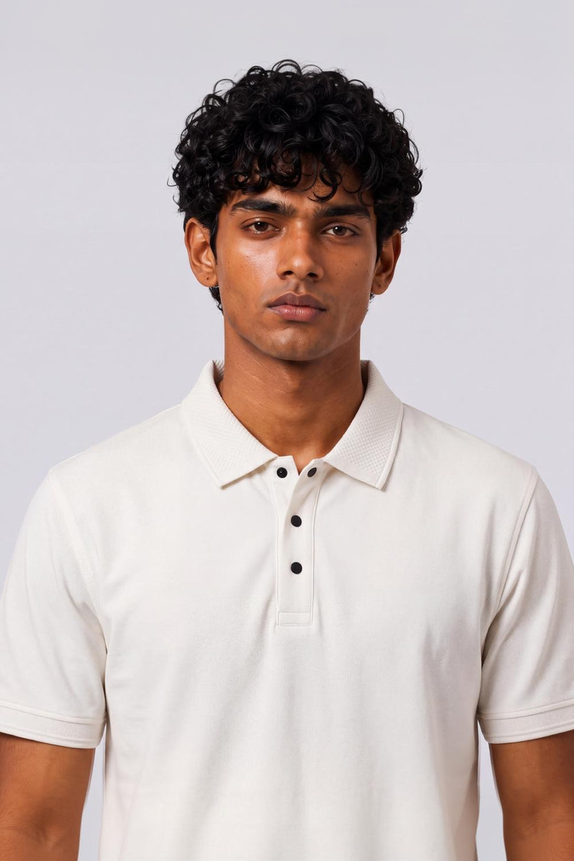Mens Regular Fit Off White Solid Polo T-Shirt - Image 3