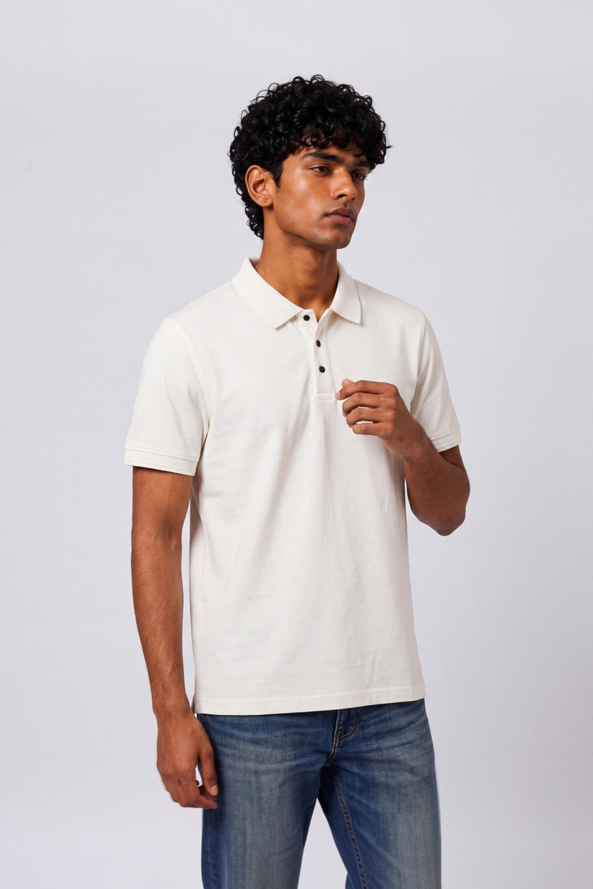 Mens Regular Fit Off White Solid Polo T-Shirt - Image 4