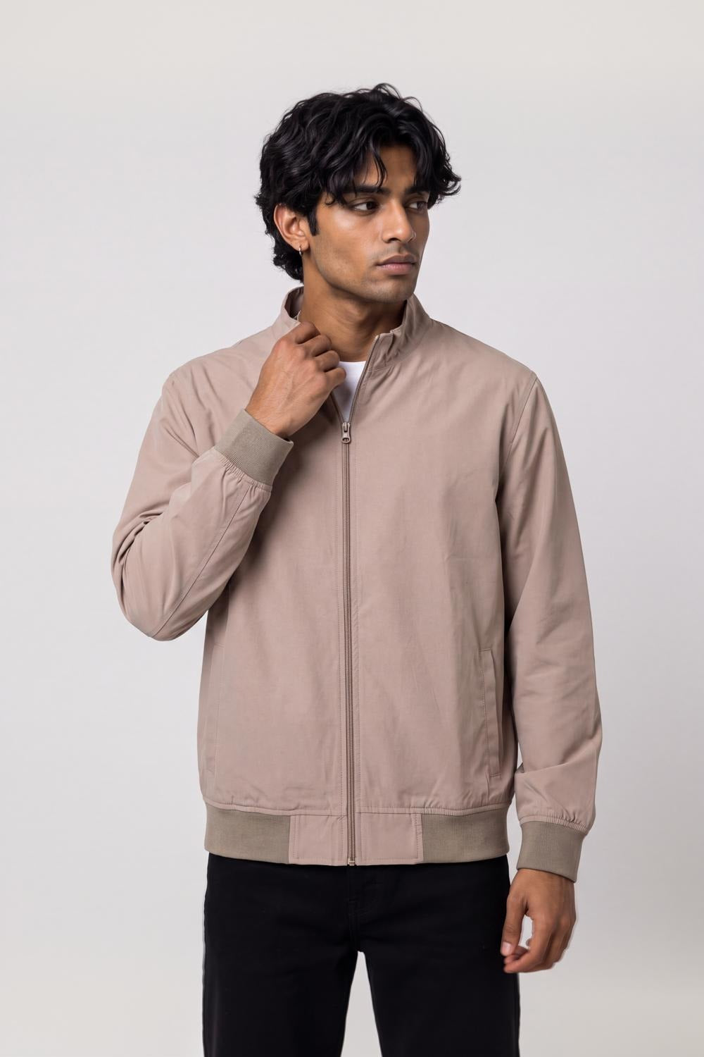 Mens Beige Zip-Up Bomber Jacket - Image 1