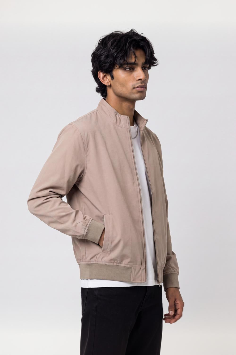 Mens Beige Zip-Up Bomber Jacket - Image 2