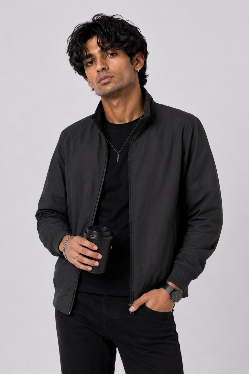 Mens Charcoal Zip-Up Bomber Jacket - Image 1