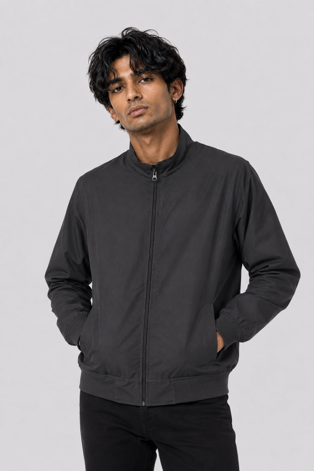 Mens Charcoal Zip-Up Bomber Jacket - Image 2