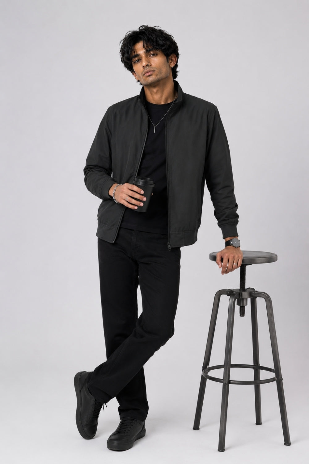 Mens Charcoal Zip-Up Bomber Jacket - Image 6