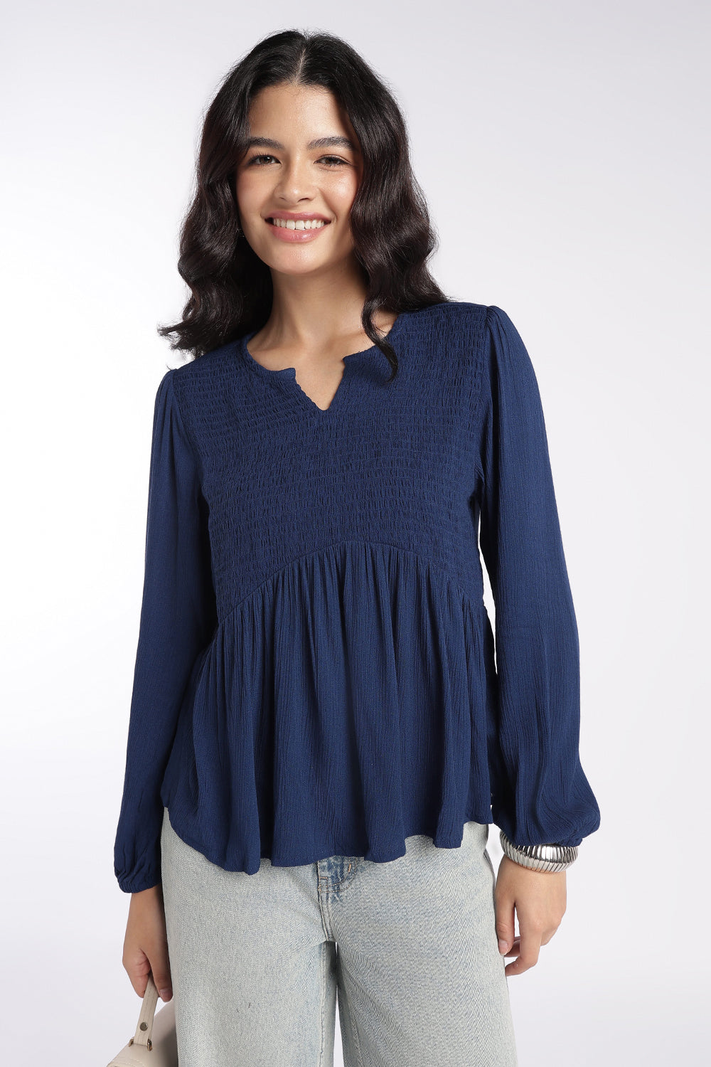 Womens Regular Fit Navy Smocked Peplum Top - Image 1