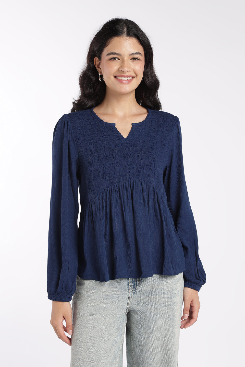 Womens Regular Fit Navy Smocked Peplum Top - Image 2