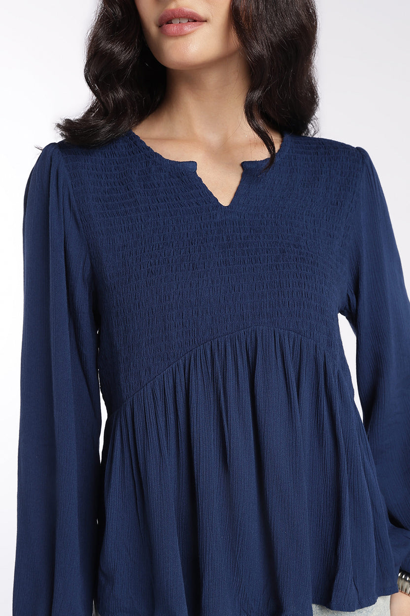Womens Regular Fit Navy Smocked Peplum Top - Image 3