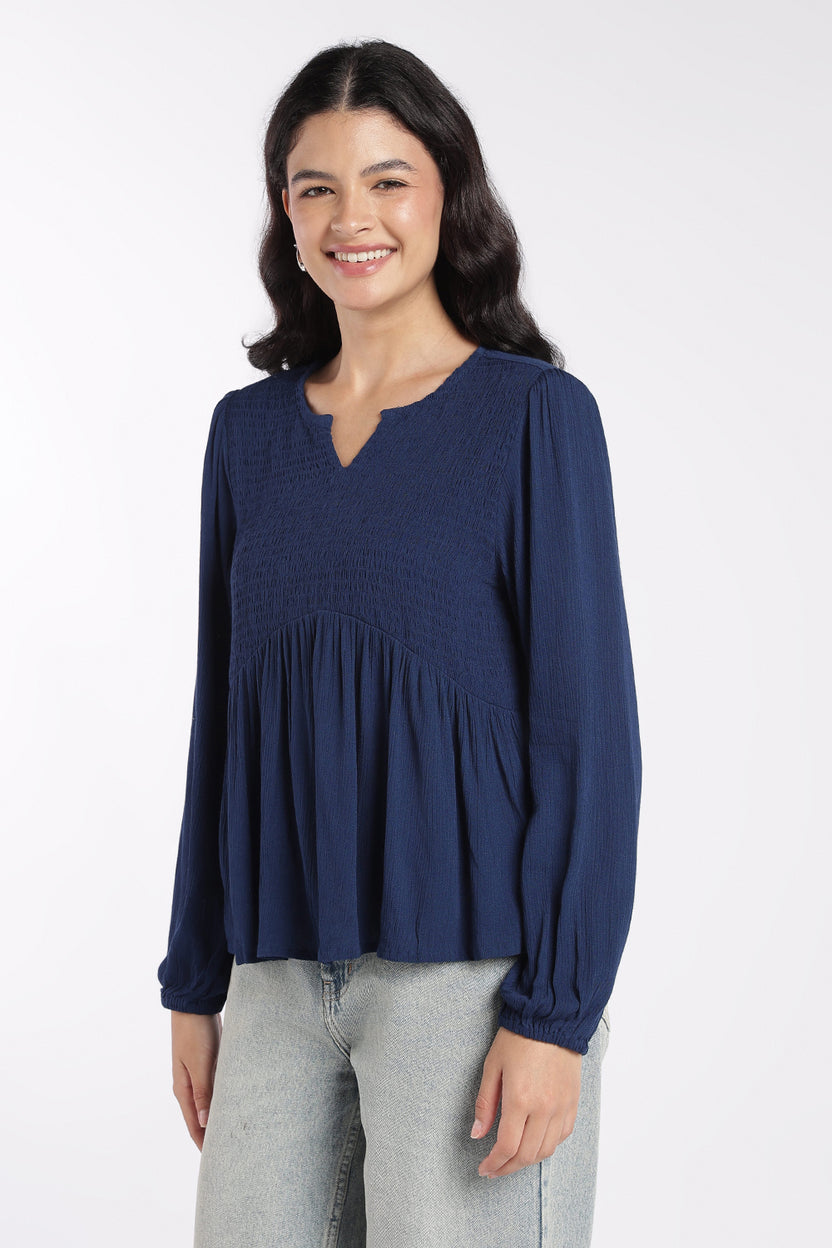 Womens Regular Fit Navy Smocked Peplum Top - Image 4