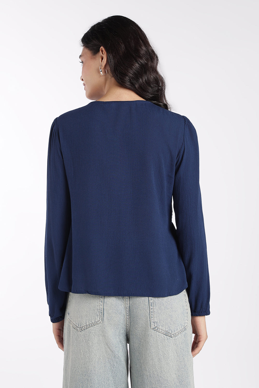 Womens Regular Fit Navy Smocked Peplum Top - Image 5