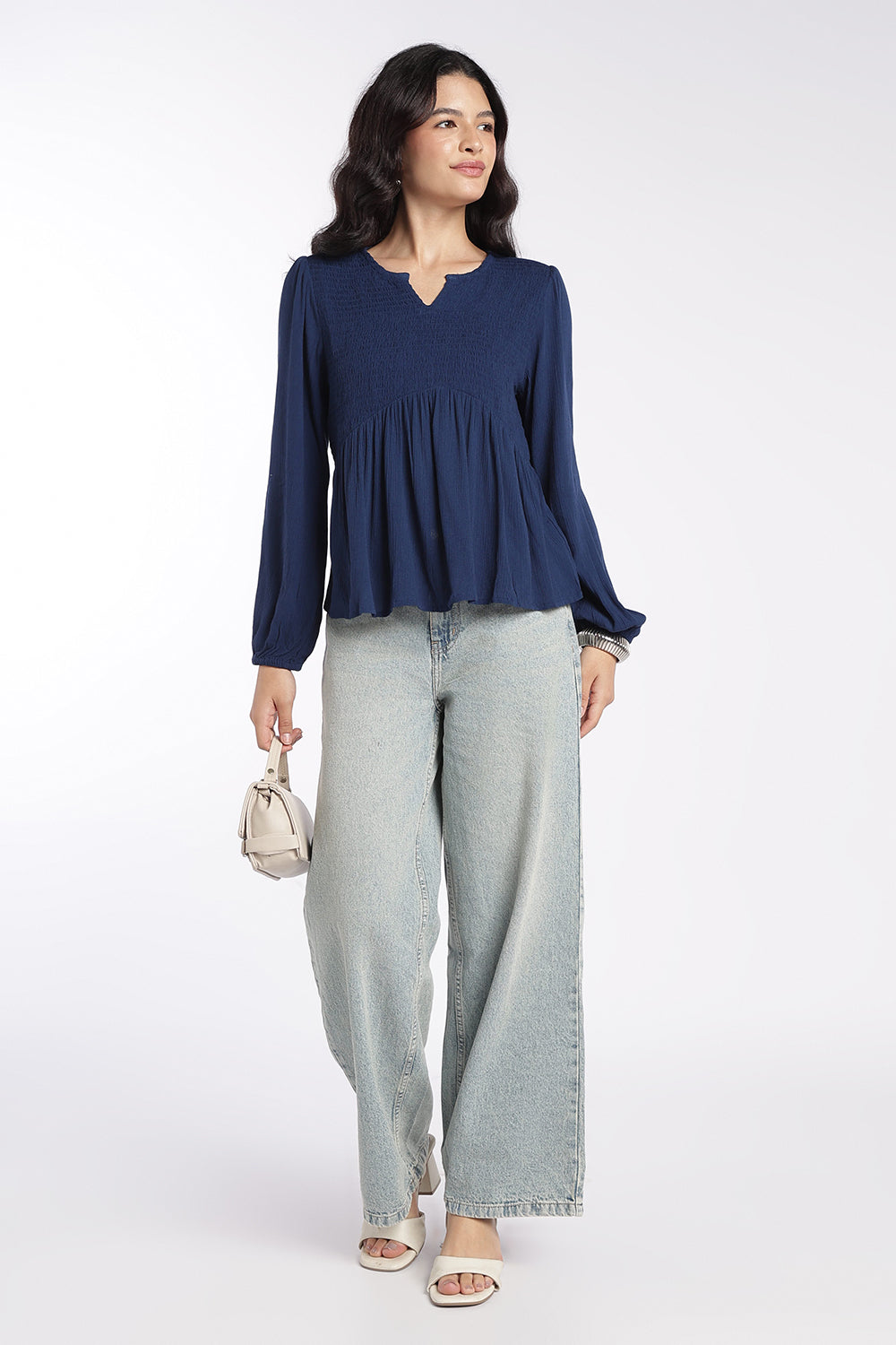 Womens Regular Fit Navy Smocked Peplum Top - Image 6