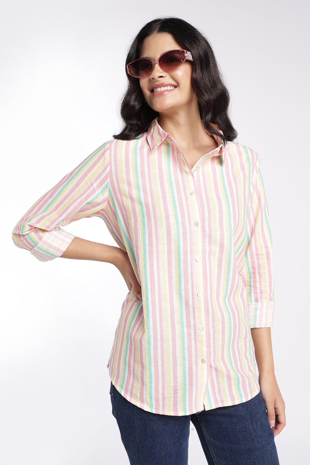 Womens Multi Coloured Striped Regular Fit Shirt - Image 1