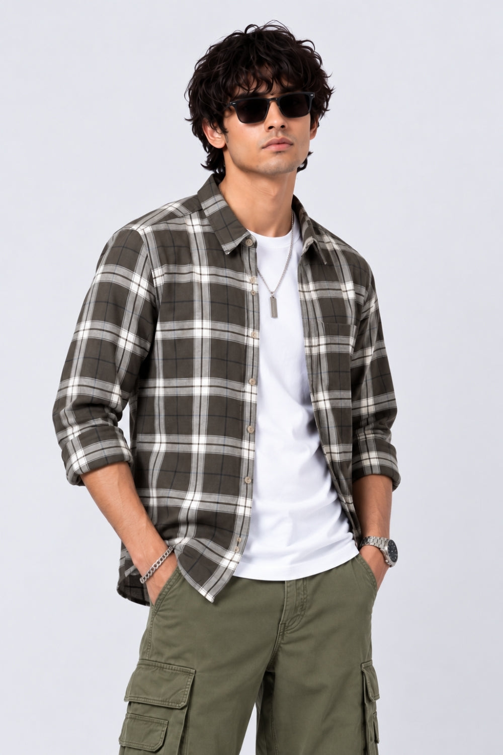Mens Regular Fit Green Checked Casual Shirt - Image 1