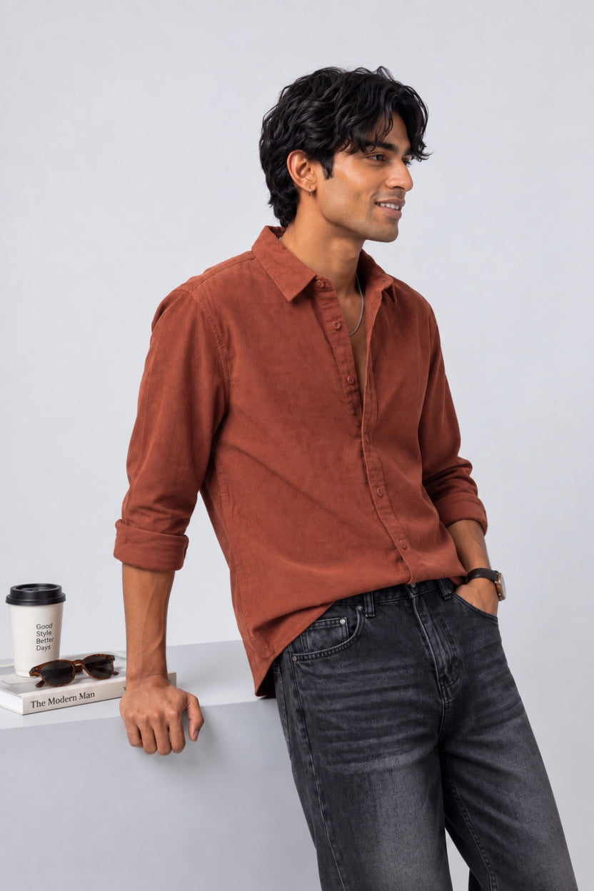 Mens Regular Fit Rust Solid Casual Shirt - Image 1