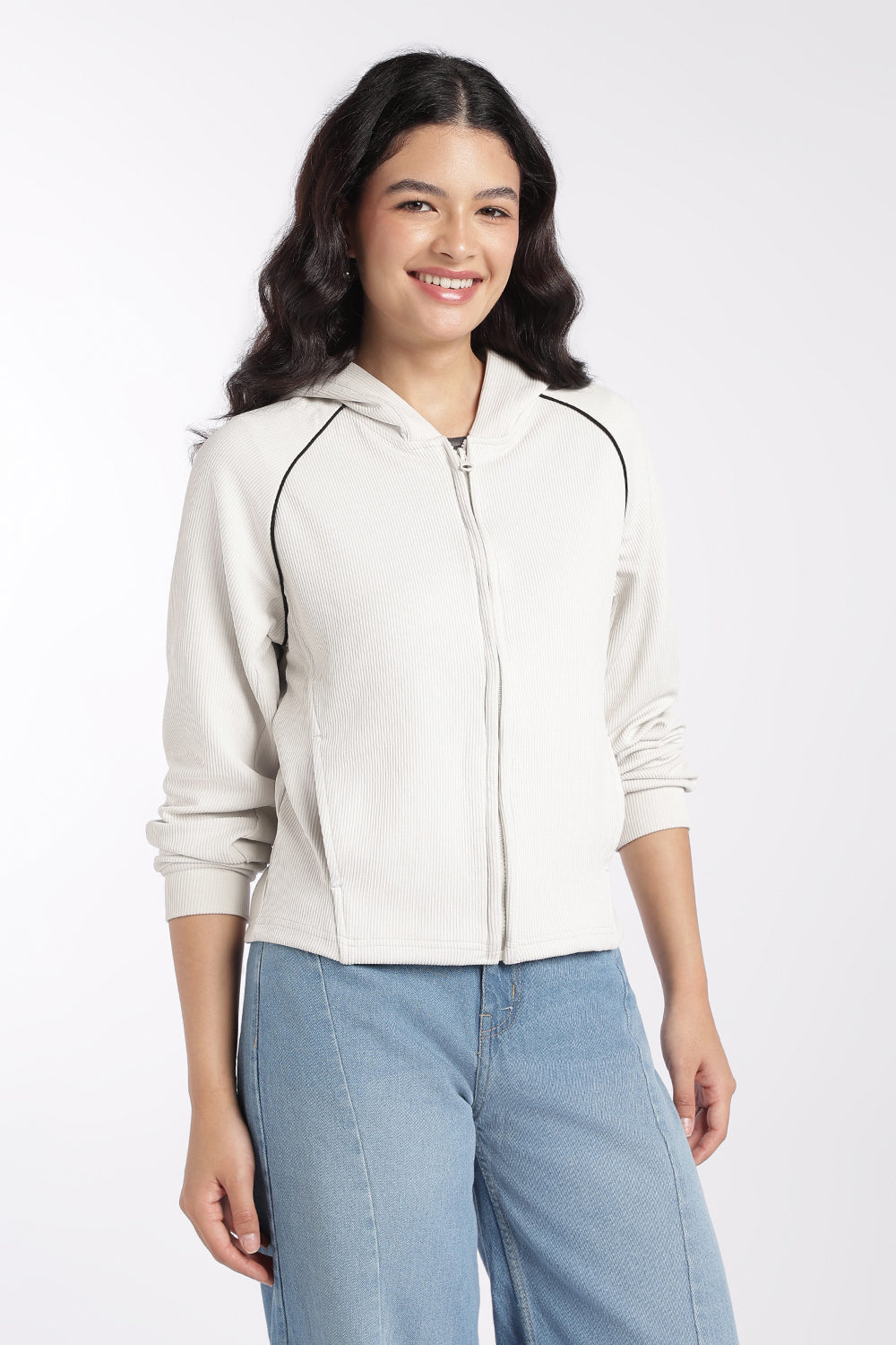 Womens Off White Ribbed Hooded Jacket - Image 2