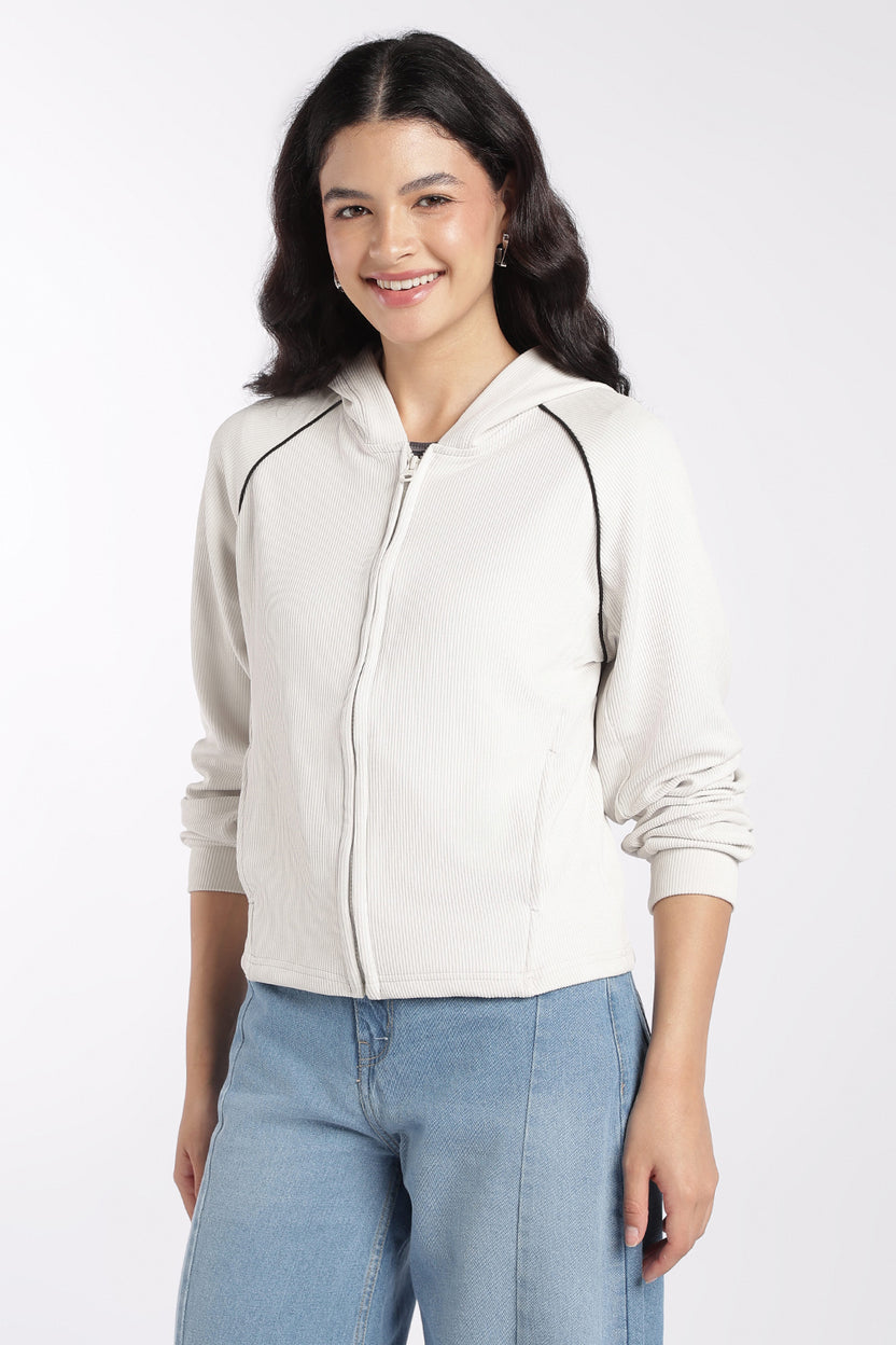 Womens Off White Ribbed Hooded Jacket - Image 4