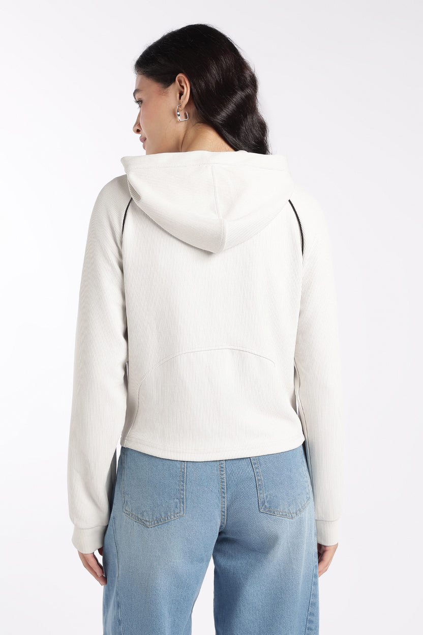 Womens Off White Ribbed Hooded Jacket - Image 5