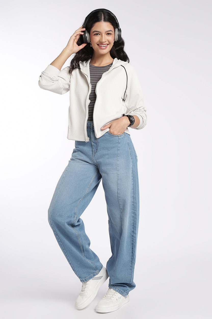 Womens Off White Ribbed Hooded Jacket - Image 6