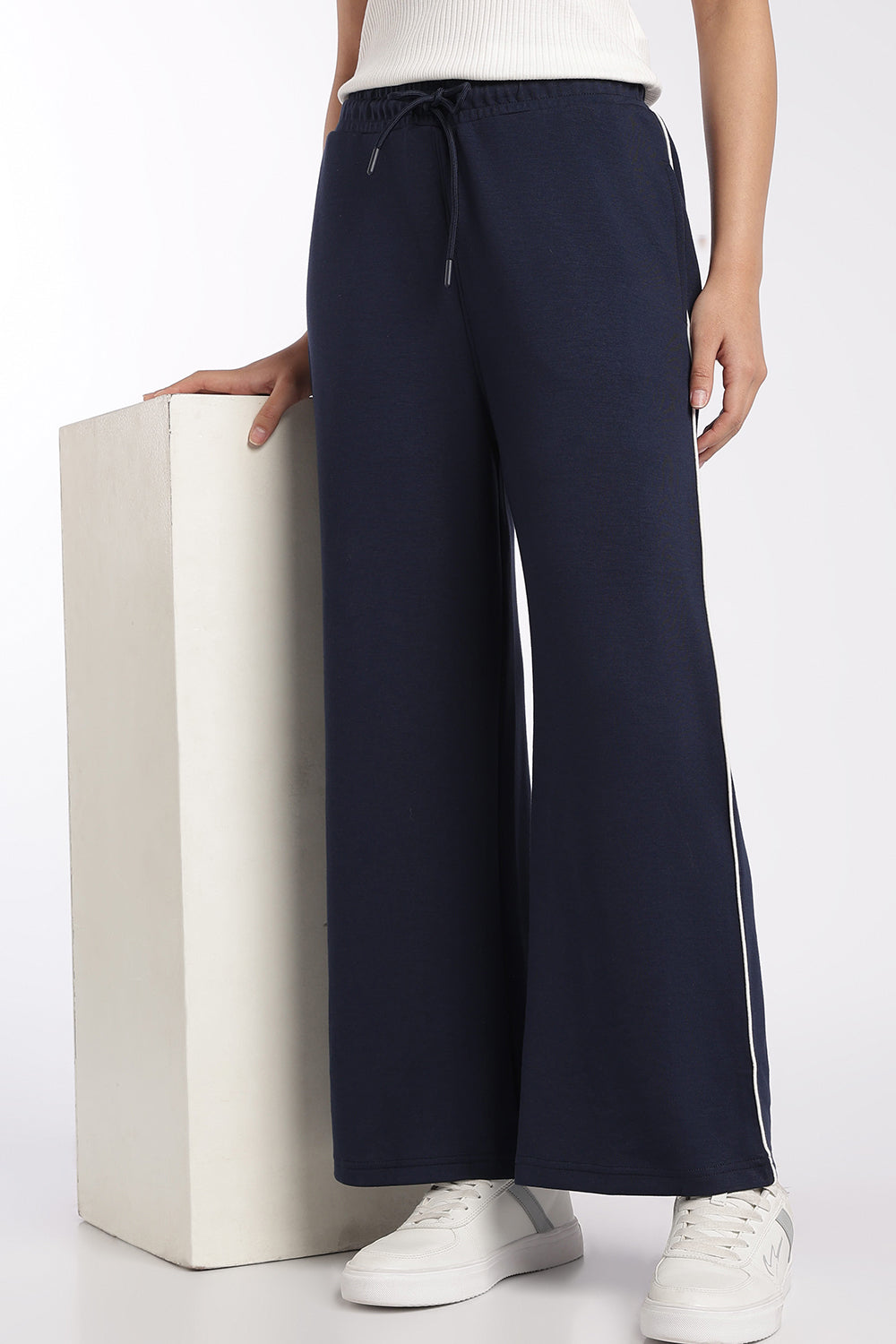 Womens Navy Wide Leg Track Pant With 2 Pocket - Image 1