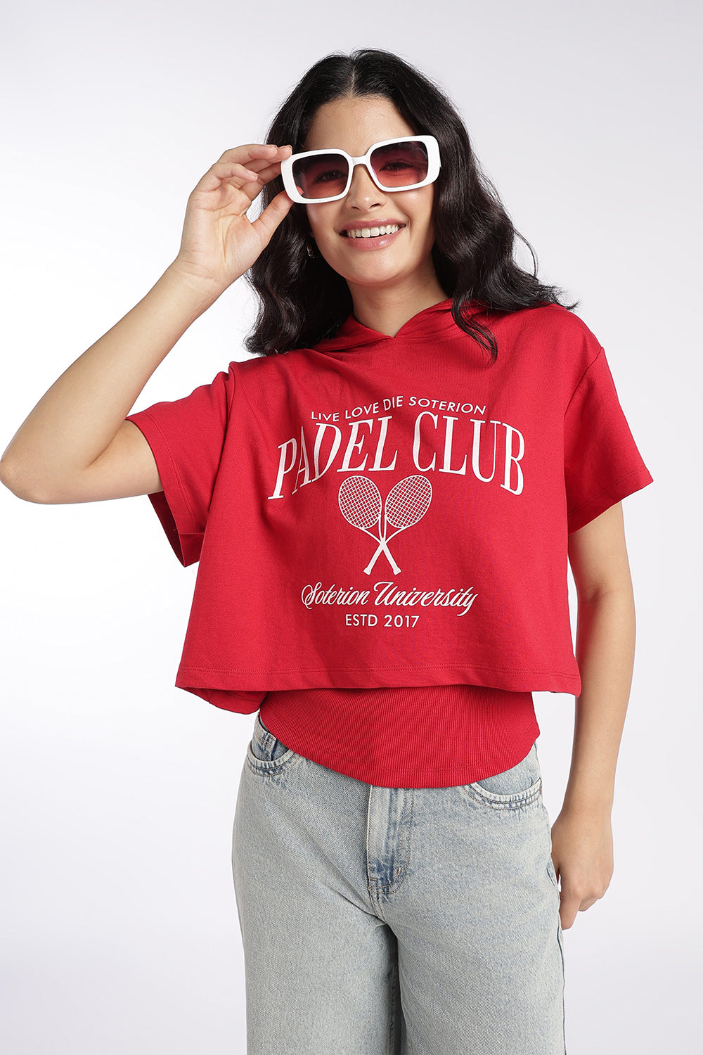 Womens Regular Fit Red Graphic Hooded T-Shirt - Image 1