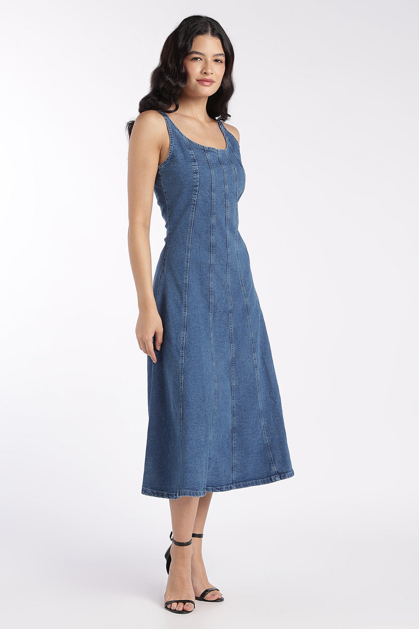 Womens Blue Denim Midi Dress - Image 4