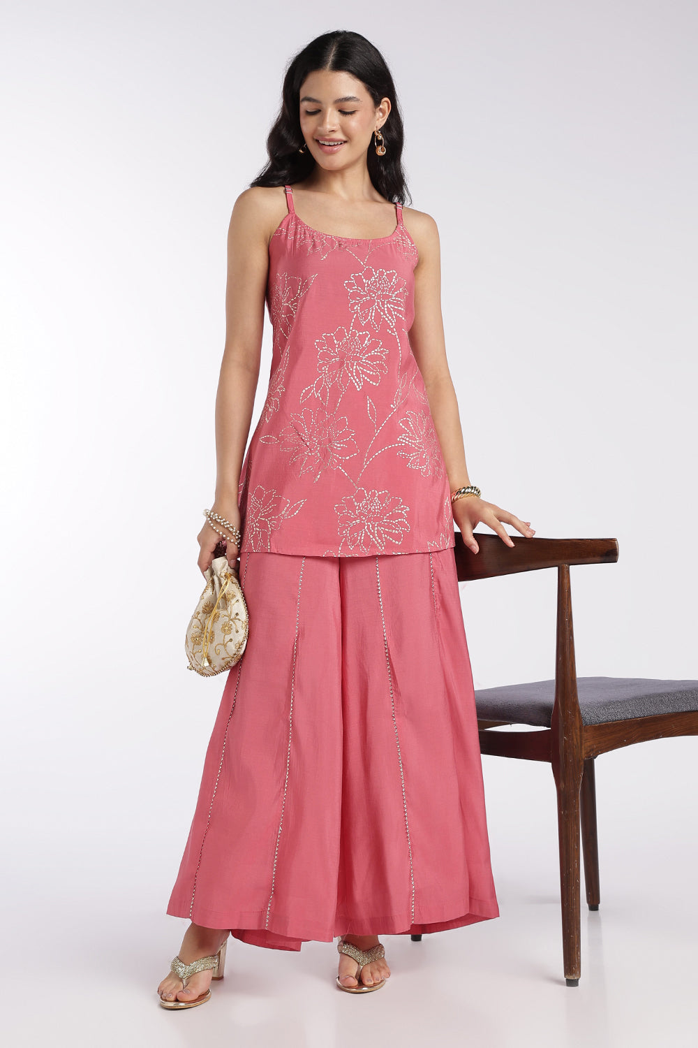 Womens Flared Pink Floral Kurta Set - Image 1