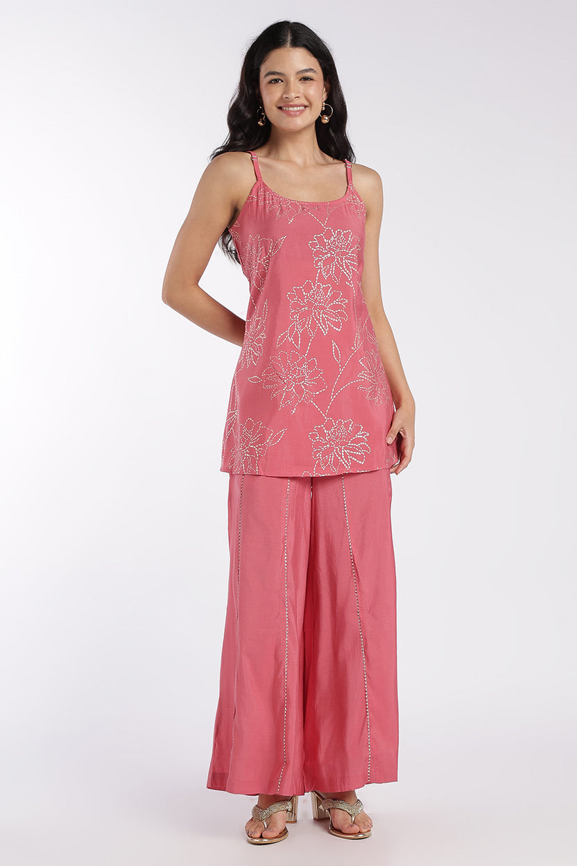 Womens Flared Pink Floral Kurta Set - Image 2
