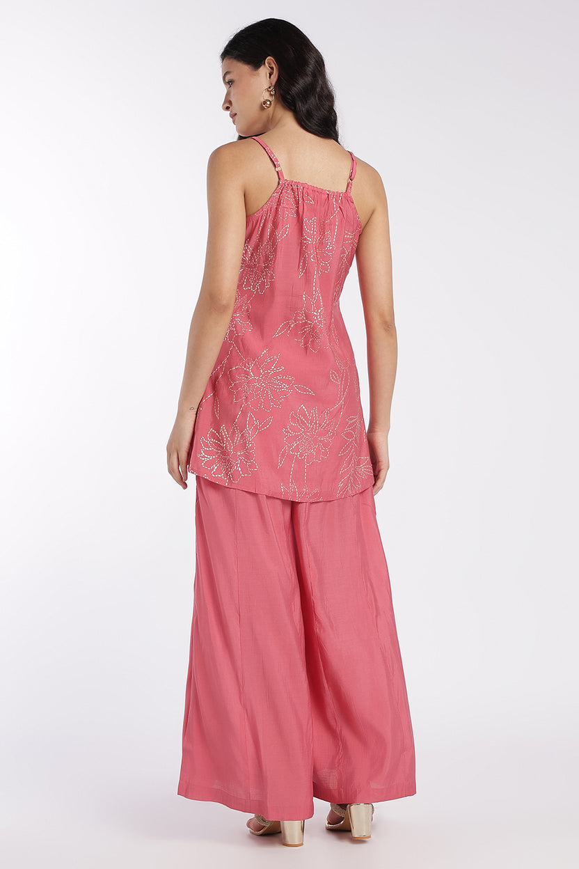 Womens Flared Pink Floral Kurta Set - Image 5