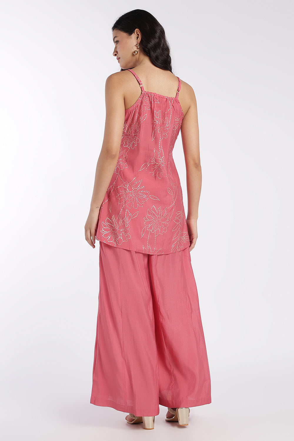 Womens Flared Pink Floral Kurta Set - Image 5