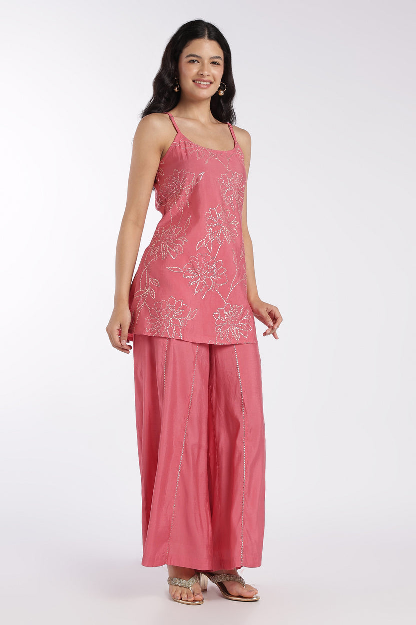 Womens Flared Pink Floral Kurta Set - Image 6