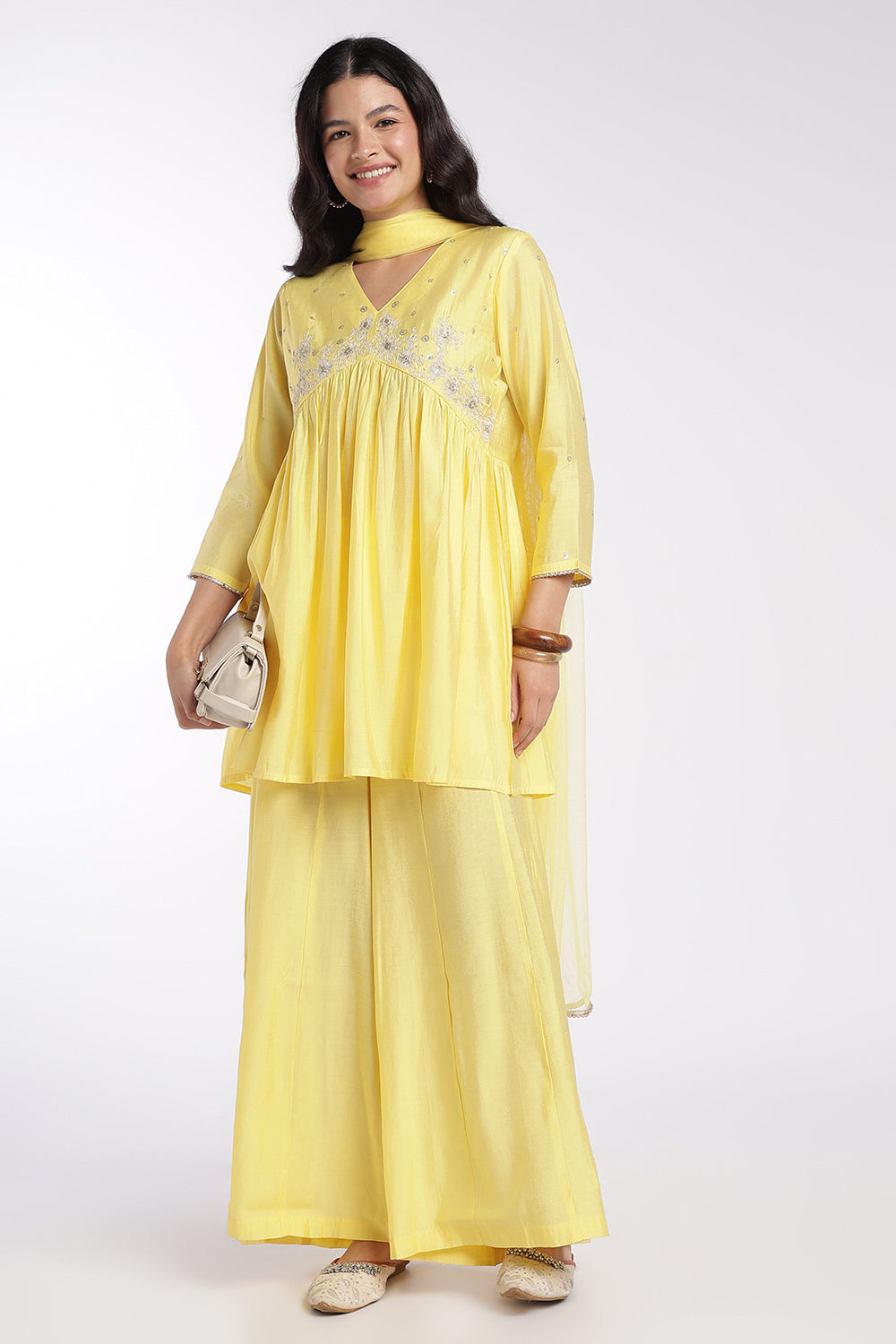 Womens Flared Yellow Embroidered Gathered Kurta Set - Image 1