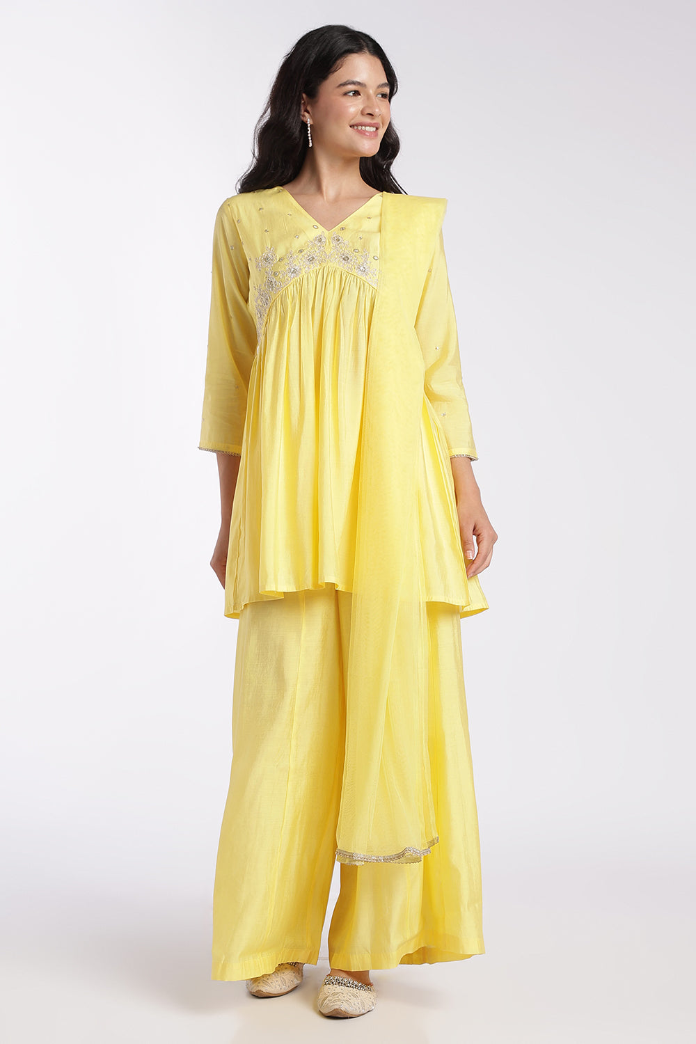 Womens Flared Yellow Embroidered Gathered Kurta Set - Image 2