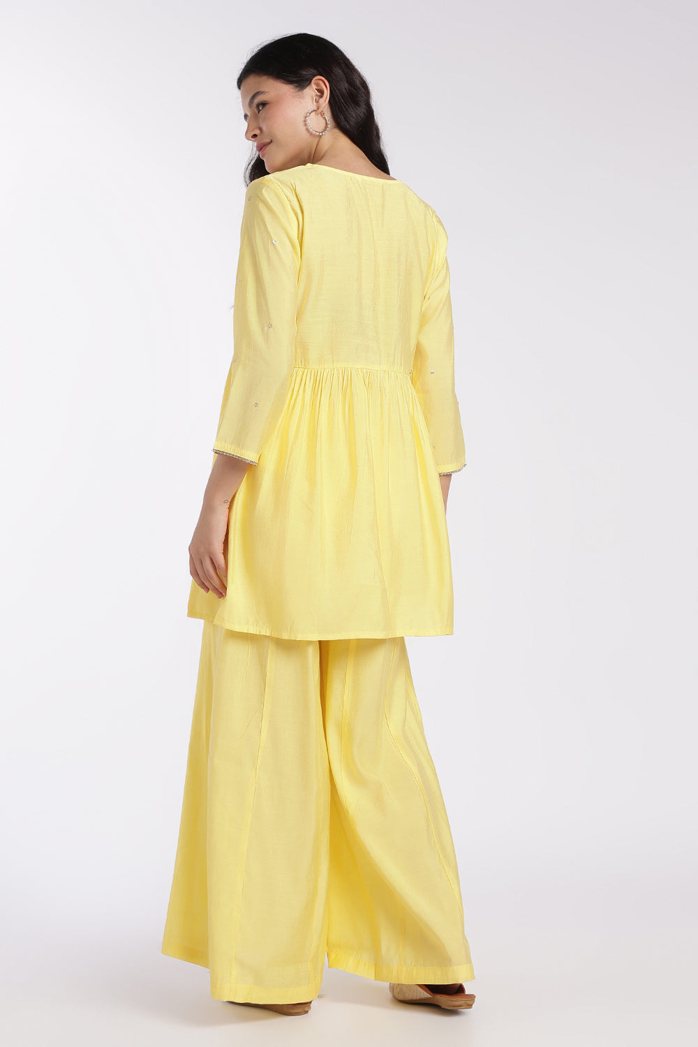 Womens Flared Yellow Embroidered Gathered Kurta Set - Image 5