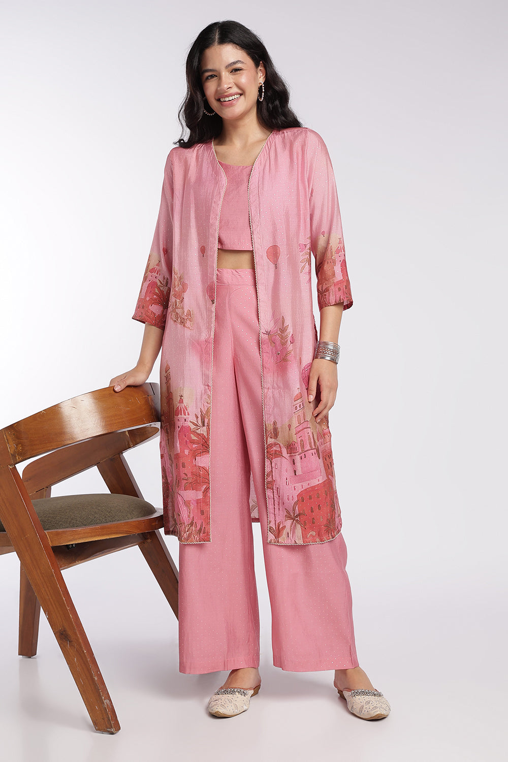 Womens Pink Placement Printed Top, Pant and With Shrug - Image 1
