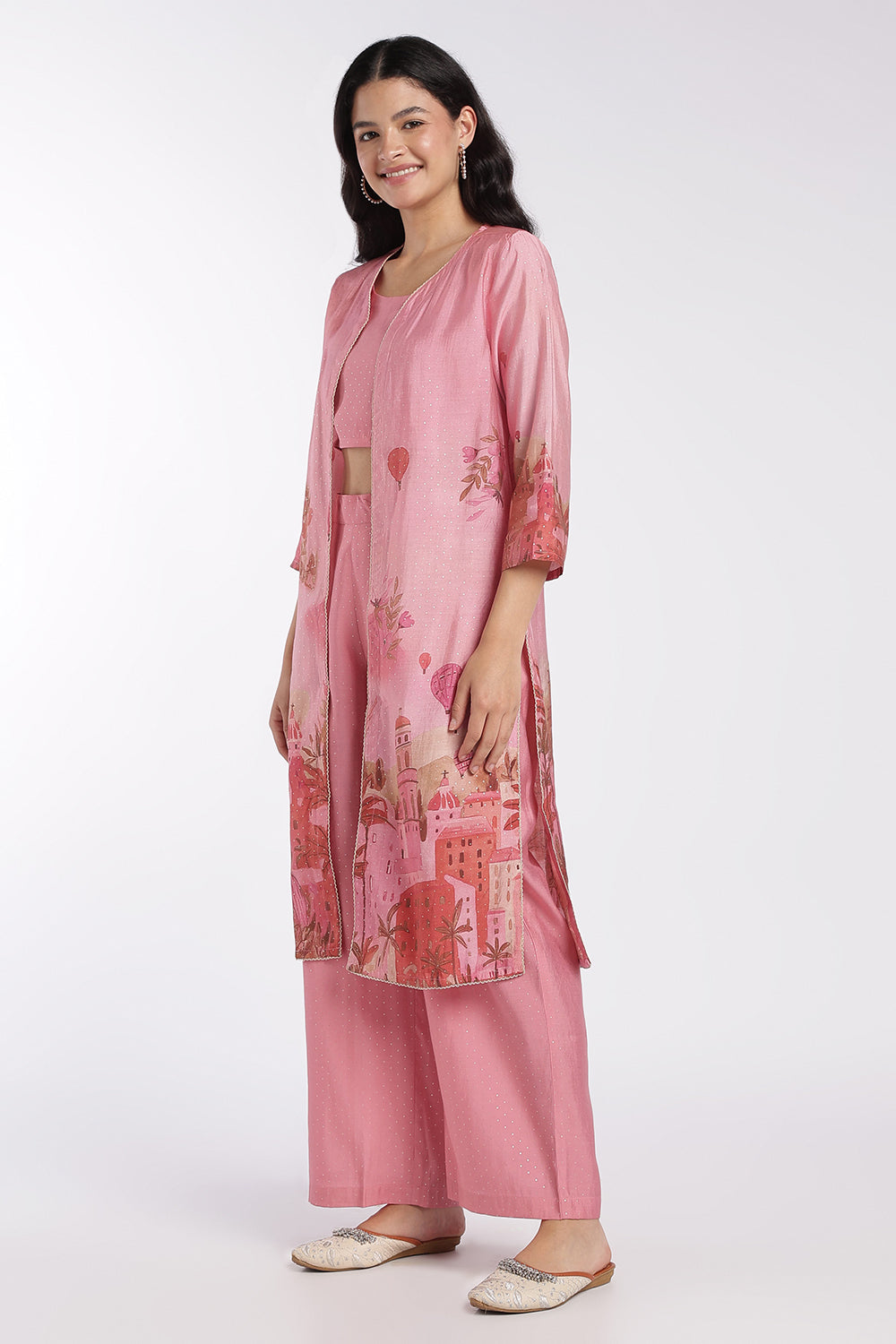 Womens Pink Placement Printed Top, Pant and With Shrug - Image 6