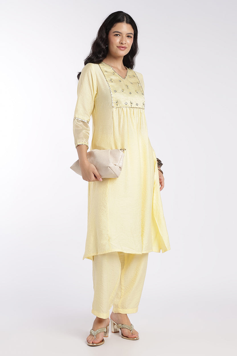 Womens Flared Yellow Embroidered Kurta Set - Image 1