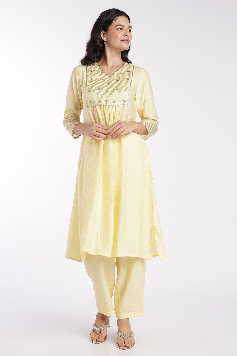 Womens Flared Yellow Embroidered Kurta Set - Image 2