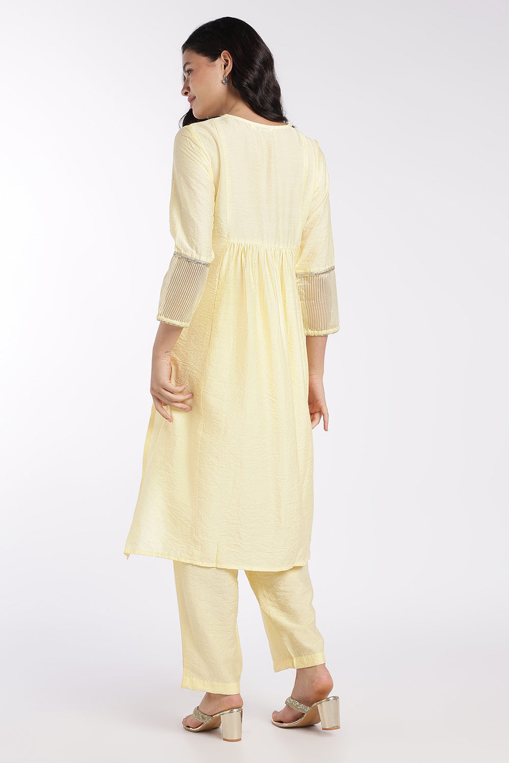 Womens Flared Yellow Embroidered Kurta Set - Image 5