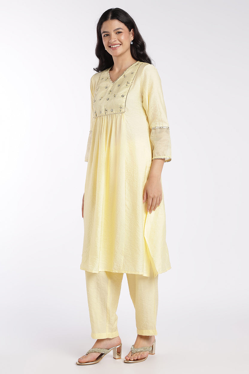 Womens Flared Yellow Embroidered Kurta Set - Image 6