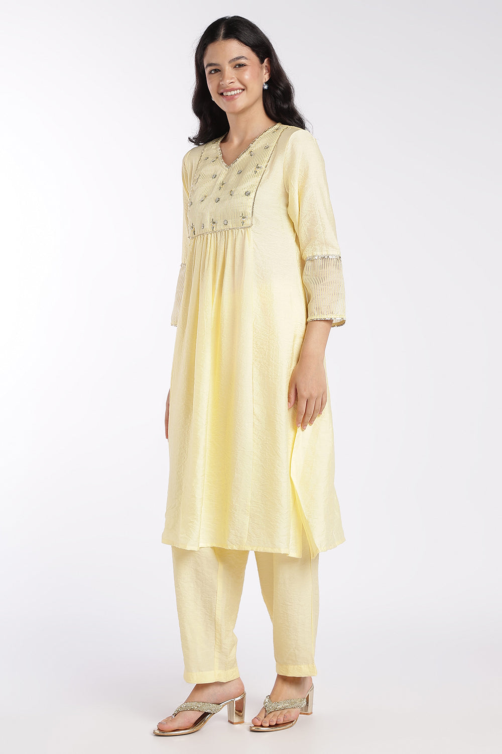 Womens Flared Yellow Embroidered Kurta Set - Image 6