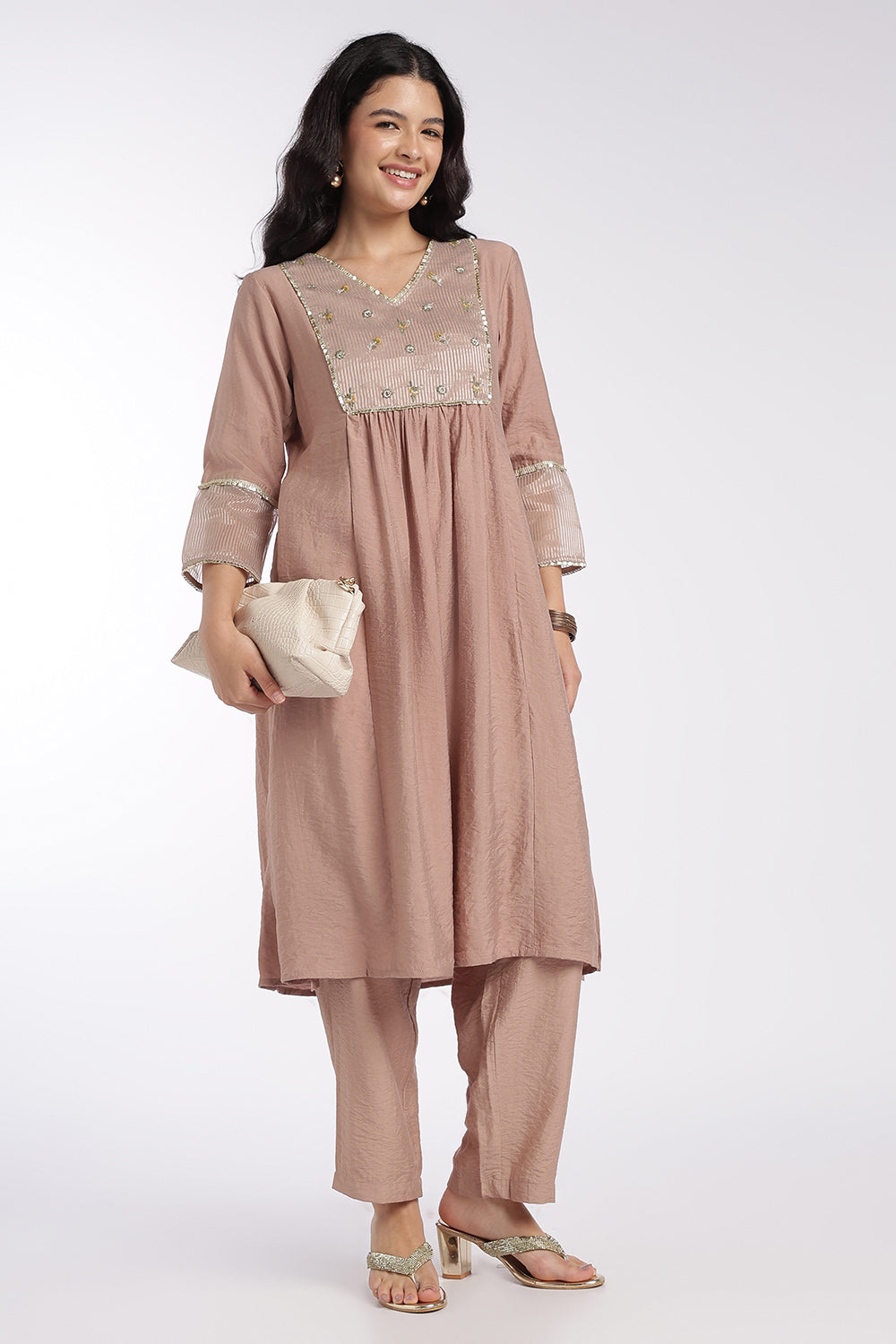 Womens Flared Brown Embroidered Kurta Set - Image 1