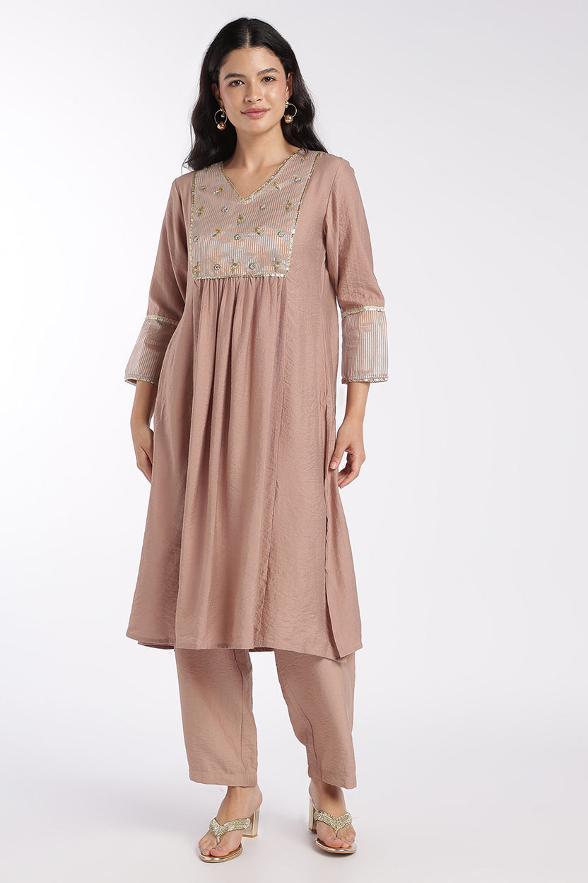 Womens Flared Brown Embroidered Kurta Set - Image 2