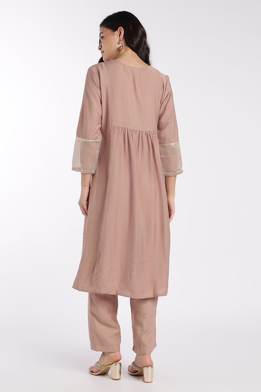 Womens Flared Brown Embroidered Kurta Set - Image 5