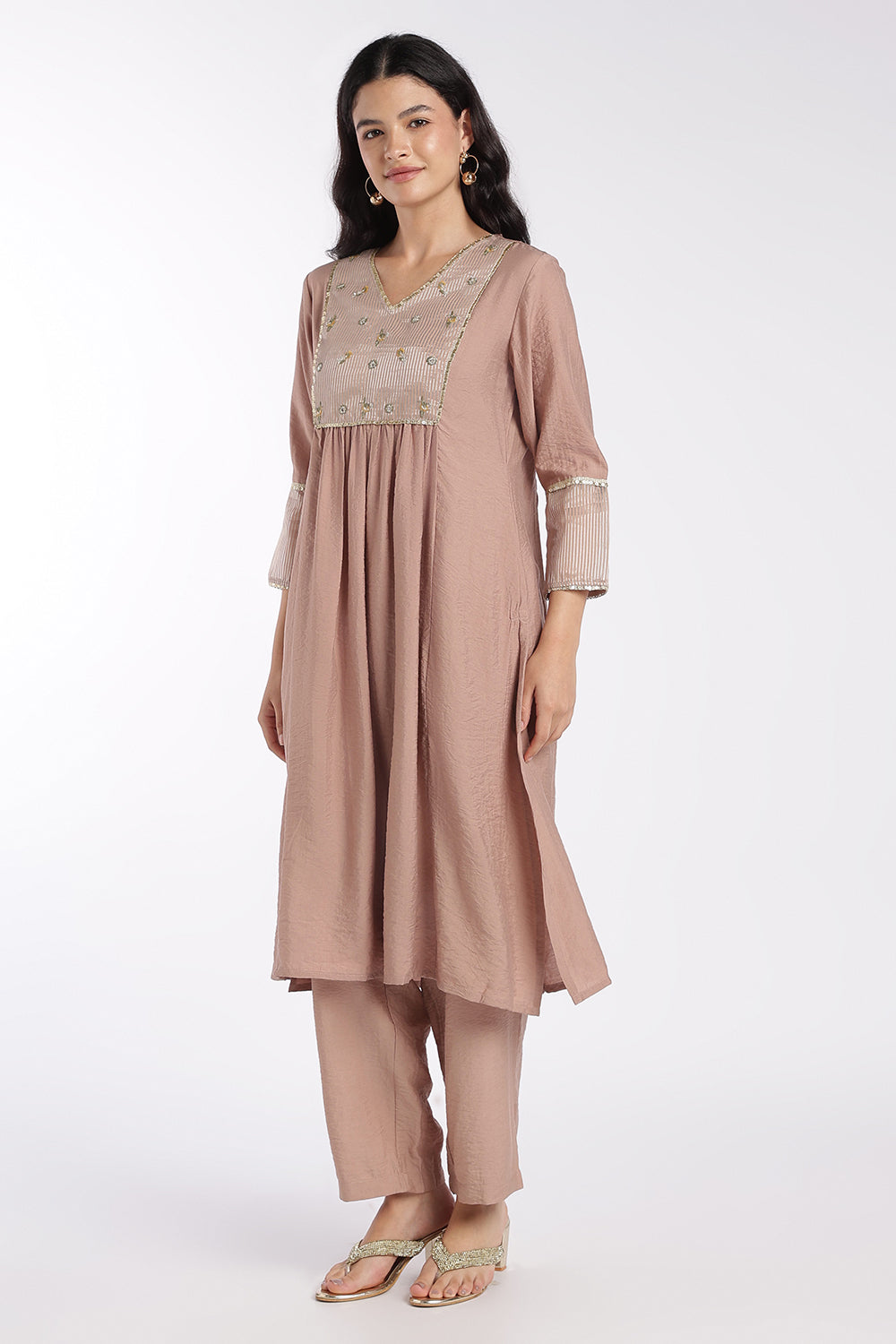 Womens Flared Brown Embroidered Kurta Set - Image 6