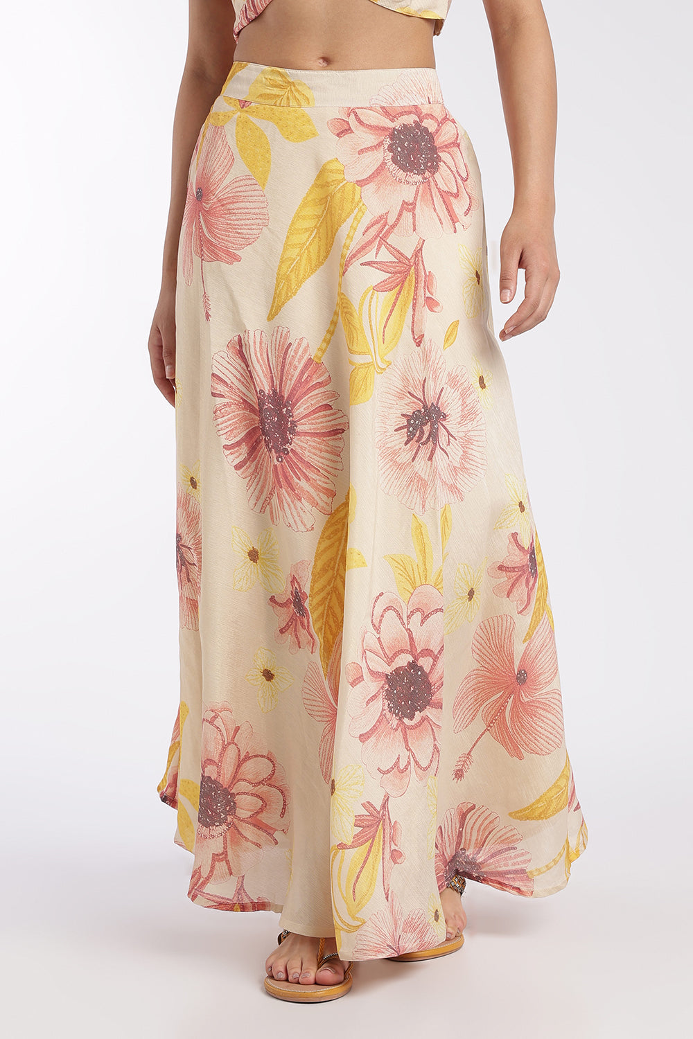 Womens Flared Cream High Rise Floral Skirt - Image 2