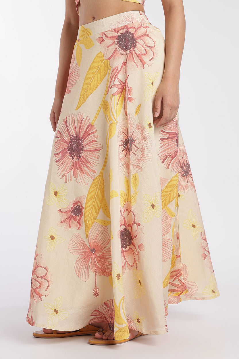 Womens Flared Cream High Rise Floral Skirt - Image 4