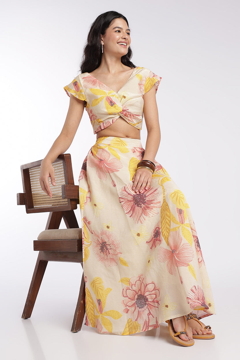 Womens Flared Cream High Rise Floral Skirt - Image 6