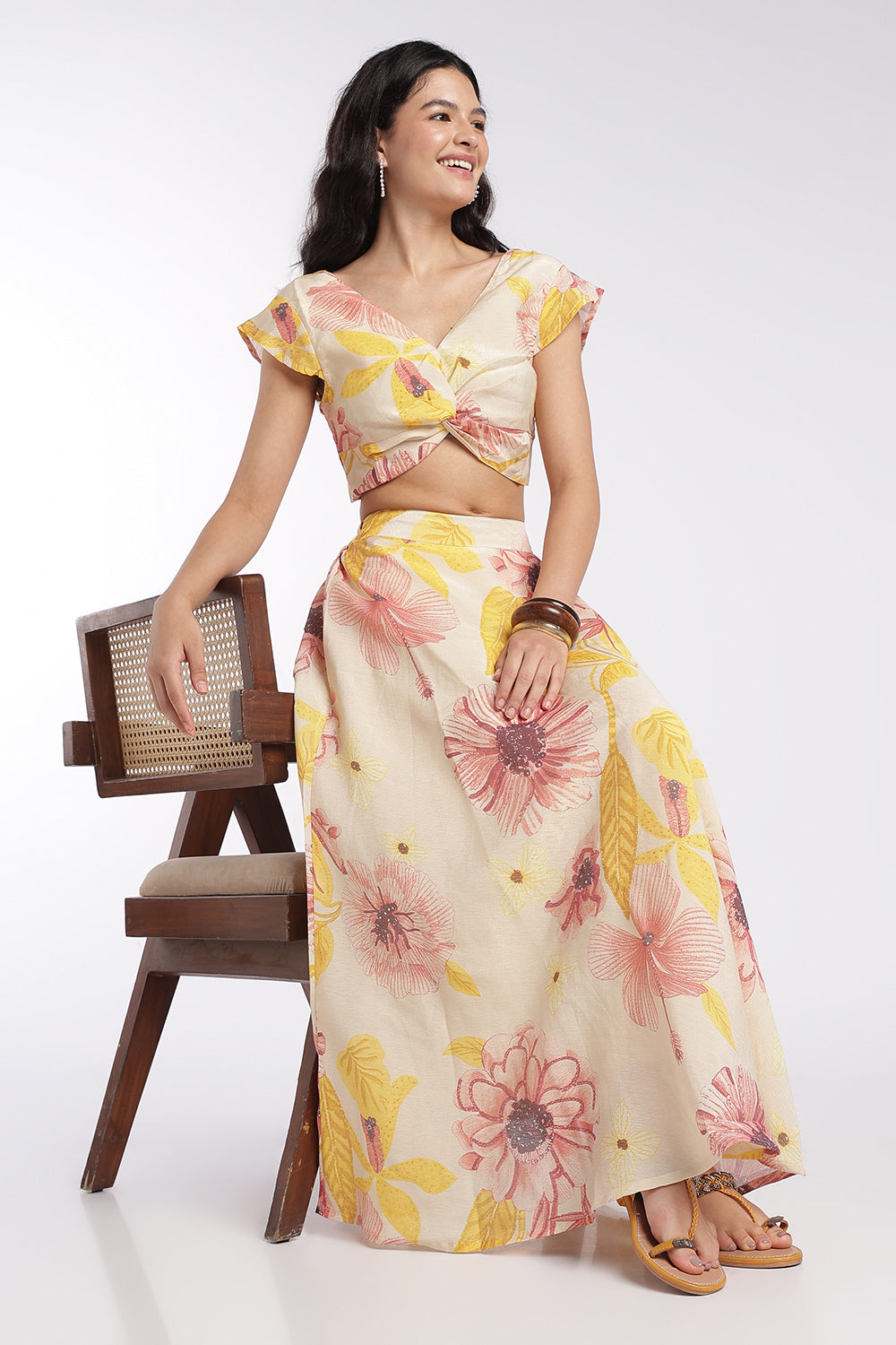 Womens Flared Cream High Rise Floral Skirt - Image 6