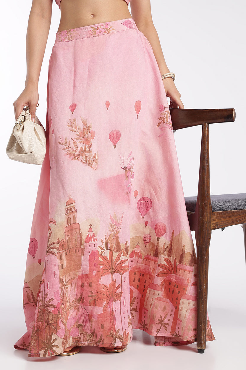 Womens Flared Pink High Rise Placement Print Skirt - Image 1